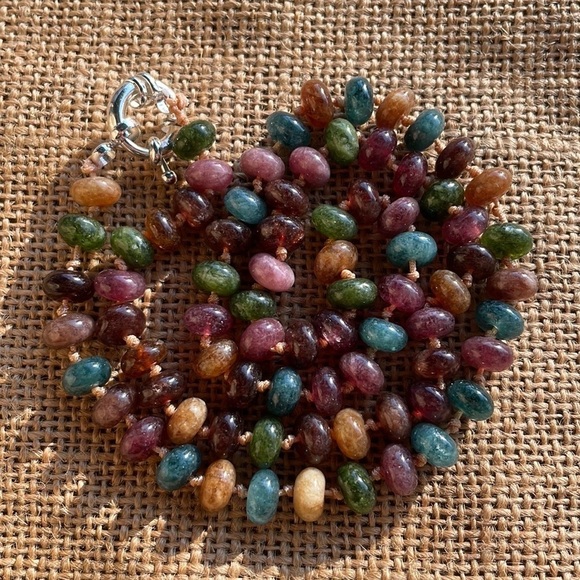 Natural Stone Rondelle Colorful Tourmaline knotted Necklace Handmade New - Picture 3 of 13